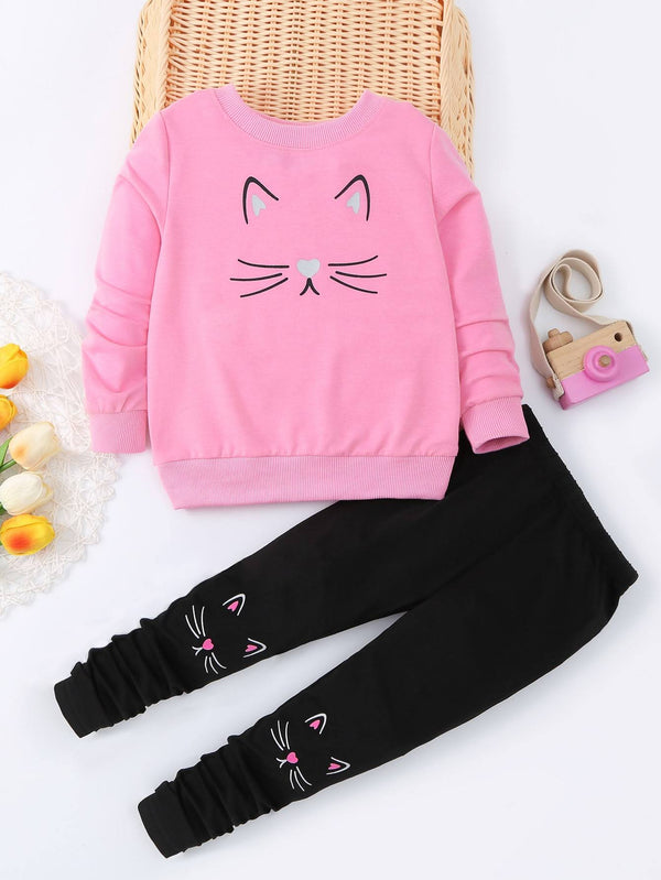 Two Piece Outfit Cute Kitty Meow Printed Girl's Cartoon Cat Graphic Crew Neck Sweatshirt