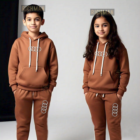 Kids’ Unisex Hooded Tracksuit – Brown Color, All-Season Wear