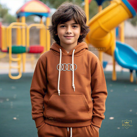 Kids’ Unisex Hooded Tracksuit – Brown Color, All-Season Wear